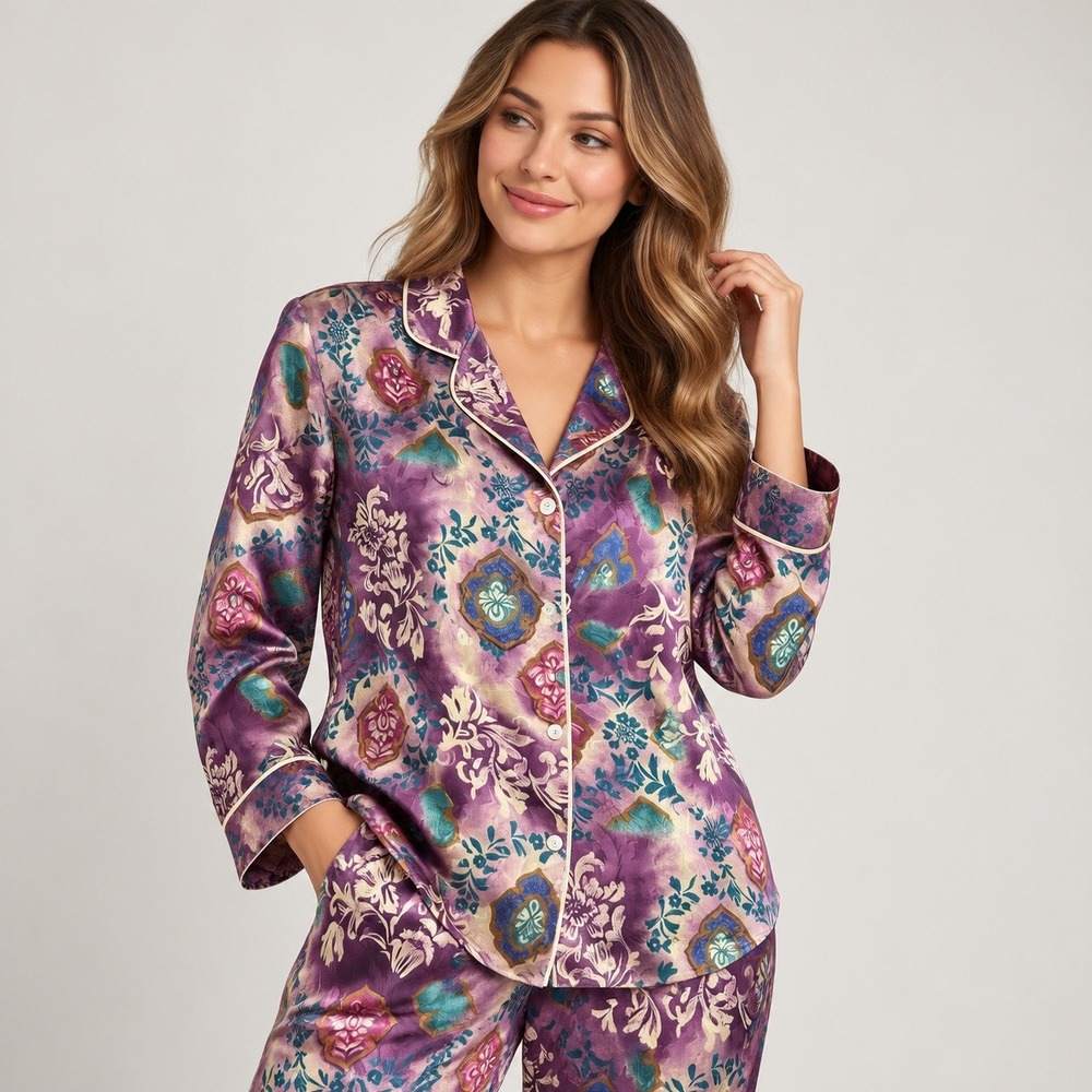 Kathryn Pajama Top Women M Purple Paisley Floral Satin Button Front Long Sleeve